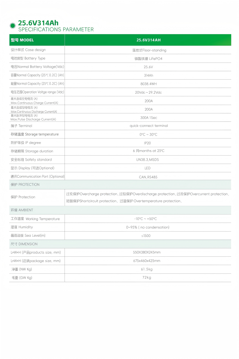 FLOOR-STANDING LIFEPO4 LITHIUM BATTERY 25.6V314AH